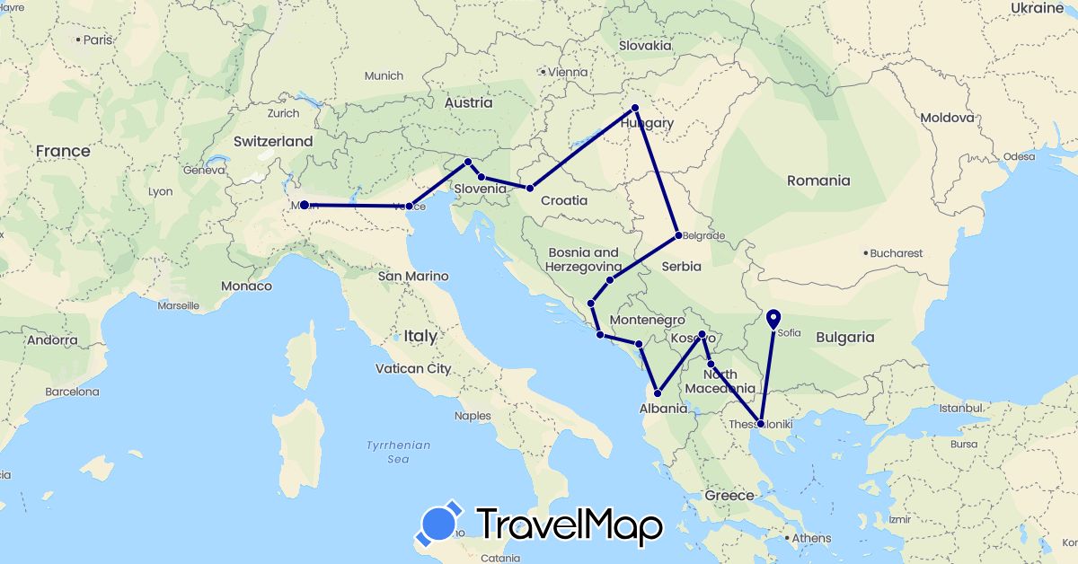 TravelMap itinerary: driving in Albania, Bosnia and Herzegovina, Bulgaria, Greece, Croatia, Hungary, Italy, Montenegro, Macedonia, Serbia, Slovenia, Kosovo (Europe)