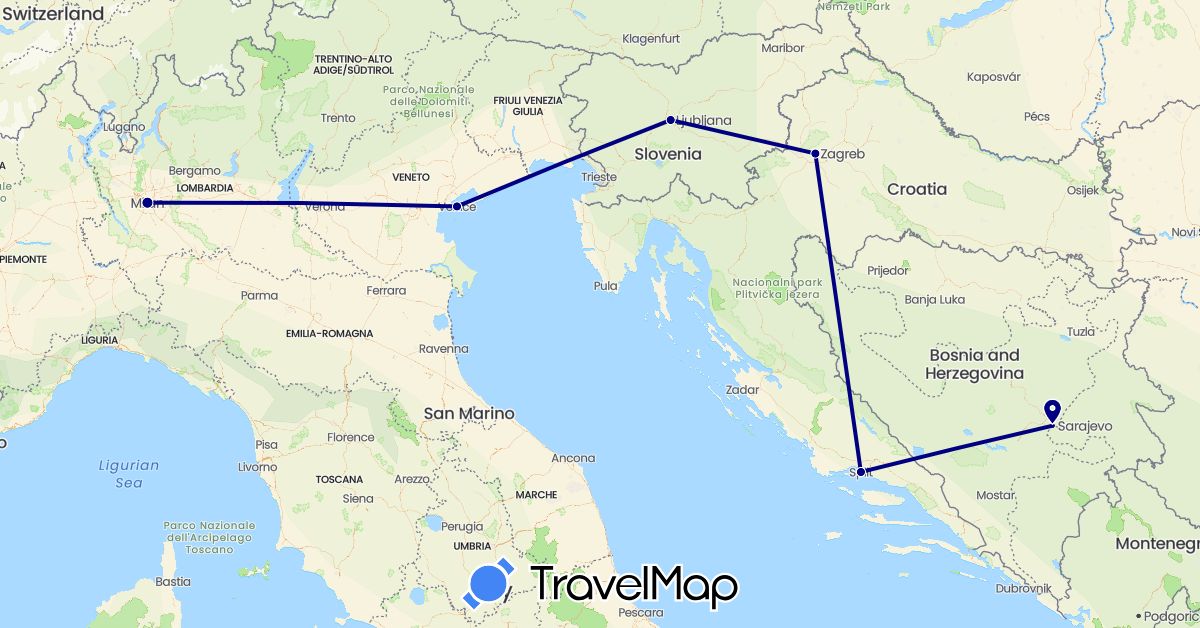 TravelMap itinerary: driving in Bosnia and Herzegovina, Croatia, Italy, Slovenia (Europe)